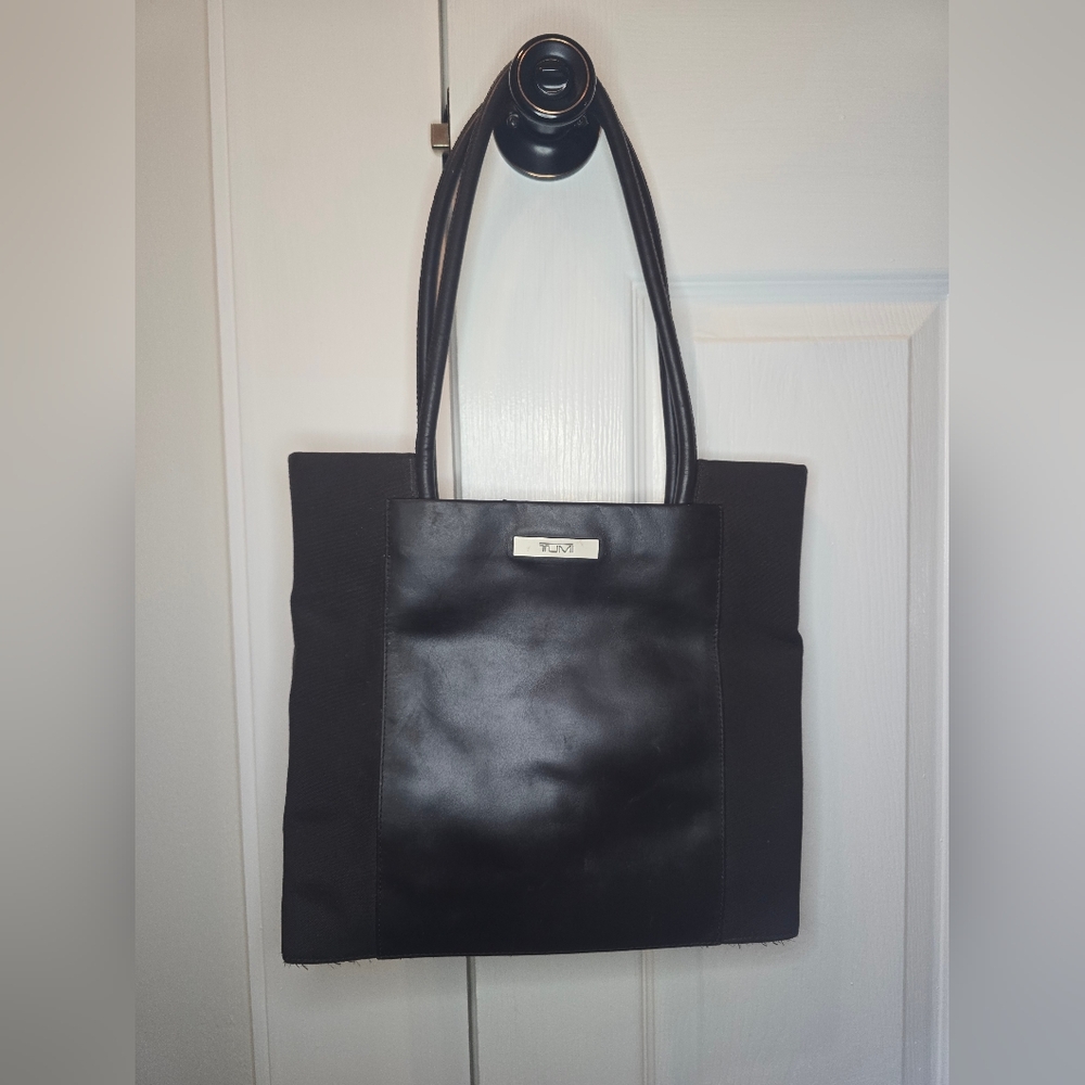 TUMI brown fabric and leather center DOUBLE STRAP handbag